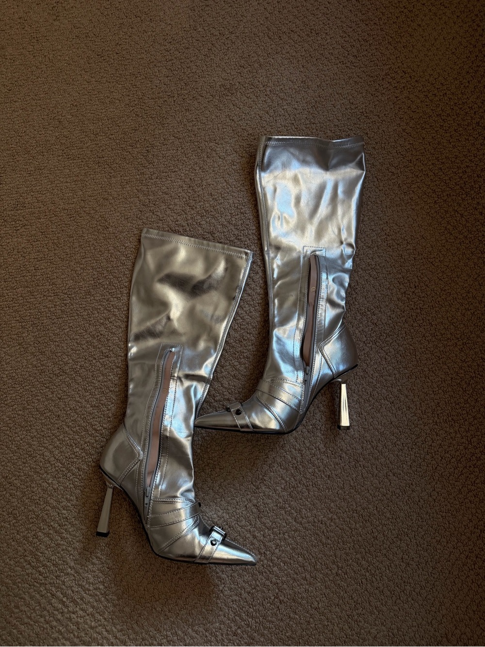 Fashion Nova Metallic Silver Over-the-Knee Pointed Toe Stiletto Boots